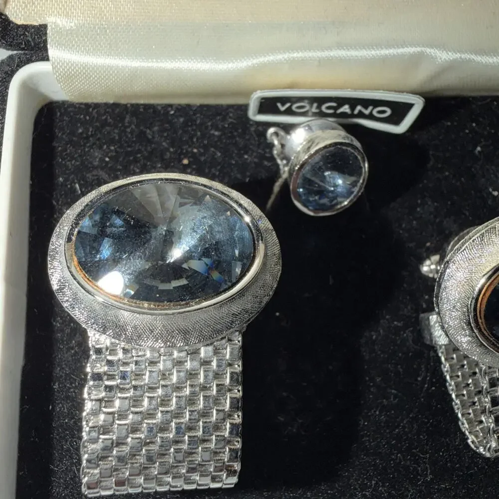 Cufflinks Tie Tack Set‎ Dante Volcano Silvertone Mesh Blue Volcano Glass Vintage